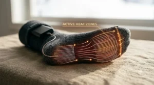 A diagram of a heated sock highlighting the "active heat zones" across the foot and toe area with glowing orange lines.