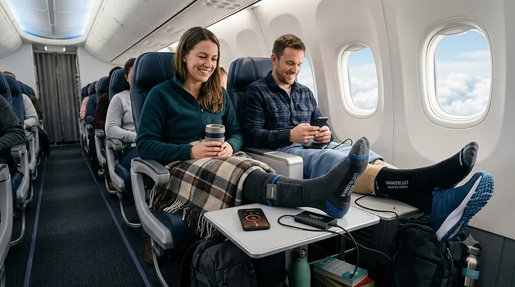 A couple relaxing in airplane seats wearing USB rechargeable heated socks, with the man checking a phone while their feet are elevated on a tray table with a power bank. USB rechargeable heated socks for travel