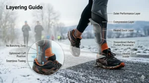 Illustration of how to layer heated socks with running tights and sneakers for sub-zero marathon prep.