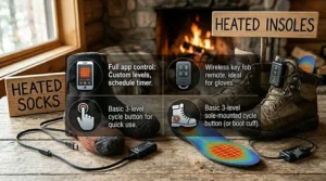 Display of mobile app and remote control interfaces used to adjust heat levels on heated socks versus heated insoles.