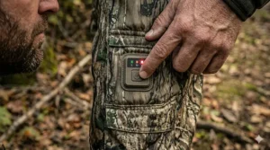 Hand adjusting temperature control button on heated camo hunting gear.