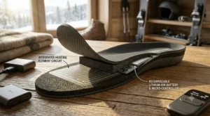 Close-up diagram showing the heating elements and molding foam layers of custom moldable heated insoles.