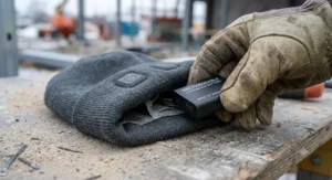 Close-up of a gloved hand inserting a rechargeable lithium-ion battery pack into the side compartment of a gray heated beanie.
