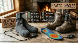 Comparison graphic displaying average battery runtime for heated socks versus heated insoles on different heat settings.