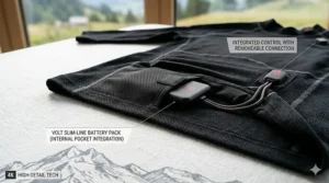 Close-up of the slim battery pack integrated into a heated base layer shirt for skiing.