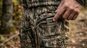 Close-up of battery pack pocket on heated hunting pants.