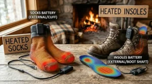 Comparison of battery pack positioning between heated socks and heated insoles for comfort and accessibility.