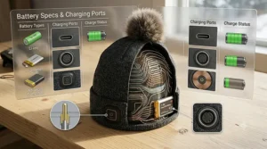 Comparison chart showing different battery types and charging ports commonly used in modern heated beanies.