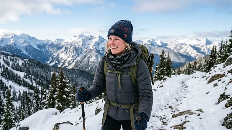 A person wearing the best heated beanie for winter while hiking in a snowy landscape.