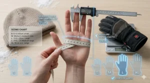 A person's hand is being measured with a tape measure and calipers for a heated glove sizing chart.