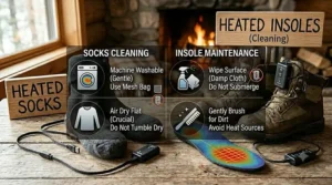 Instructional graphic showing how to safely clean and maintain your heated socks versus heated insoles.