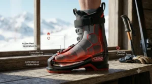 Cutaway view of a foot inside a ski boot using disposable heated insoles for comfort.