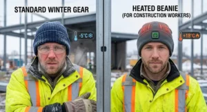 A comparison of two construction workers: one in a standard beanie in freezing cold and one in a heated beanie feeling comfortable.