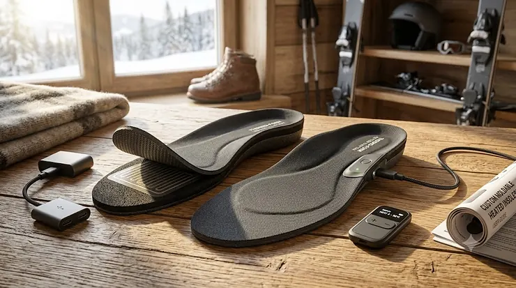 A pair of premium custom moldable heated insoles displayed next to their charging unit and instruction manual.