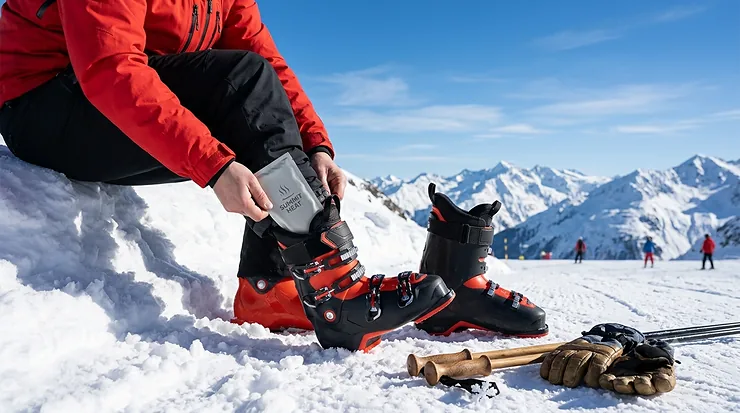 Person wearing disposable heated insoles inside ski boots on a snowy mountain. disposable heated insoles for skiing