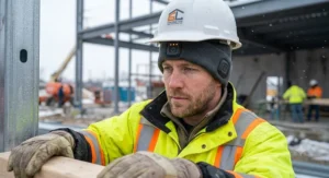 A construction worker wearing a low-profile heated beanie comfortably underneath a white hard hat on a building site.
