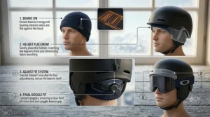 Instructional graphic demonstrating the correct fit for a heated beanie for skiing under a helmet.