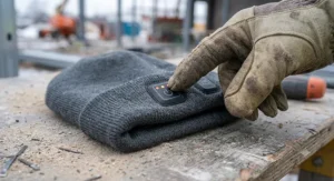 Close-up of a construction-gloved hand pressing the illuminated temperature control button on a gray heated beanie.