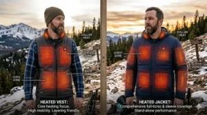 A diagram comparing the heating zones of a heated vest versus a heated jacket.