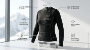 Detailed view of the ergonomic, athletic fit of a heated base layer shirt for skiing.