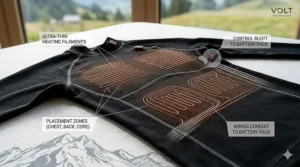 Diagram showing the heating element placement inside a heated base layer shirt for skiing.