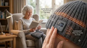 Graphic illustration showing the automatic shut-off safety feature of a heated beanie.
