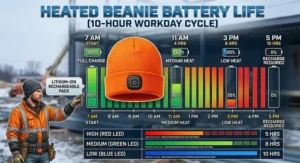 An infographic chart detailing the battery life of a heated beanie over a 10-hour construction workday across different heat settings.