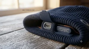 Close-up view of the rechargeable battery port on a premium heated beanie for skiing.