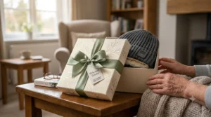 A thoughtfully wrapped gift box containing a modern heated beanie, perfect for senior health and warmth.