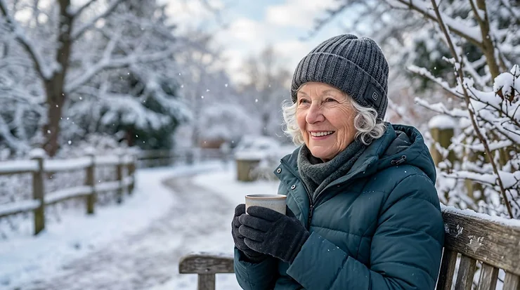 An elderly person smiling while wearing a comfortable, stylish heated beanie outdoors in winter.