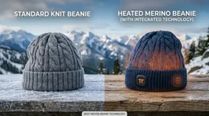 Side-by-side comparison of a standard knit hat and the best heated beanie showing thermal insulation.