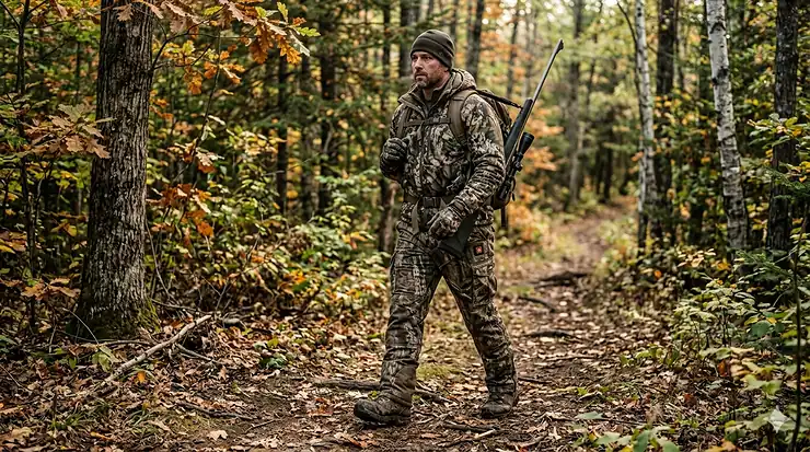 Model wearing durable heated camo pants for hunting in a forest setting.
