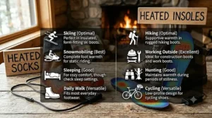 A chart illustrating the best use cases for heated socks versus heated insoles for skiing, hiking, and daily wear.