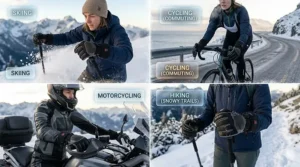 A four-panel collage showing heated gloves used for skiing, cycling, motorcycling, and hiking.