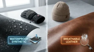 A side-by-side comparison image of waterproof synthetic fabric and breathable leather.