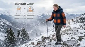 A hiker in a snowy landscape with an overlay graphic comparing the performance features of a heated vest versus a jacket.