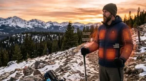 A hiker wearing a heated jacket, showing full-sleeve coverage and integrated heating zones.