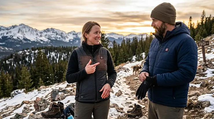 Person wearing a heated vest next to someone in a heated jacket outdoors. heated vest vs heated jacket comparison