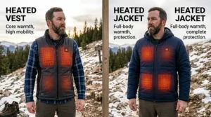 Comparison of a man wearing a heated vest versus a heated jacket, highlighting core warmth versus full-body protection.