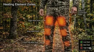 Diagram highlighting heating element zones in camouflage hunting trousers.