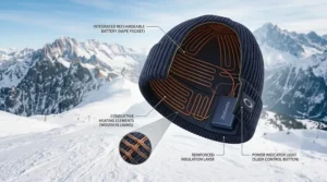 Diagram showing the internal heating elements and battery placement of a heated beanie for skiing.
