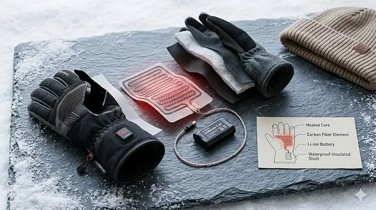 An exploded diagram showing the layers, battery, and heating element of the heated gloves on a stone slate. heated gloves buying guide