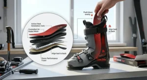 Illustration showing the correct placement of disposable heated insoles for skiing inside a boot.