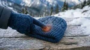 A finger pressing the temperature control button on the best heated beanie.