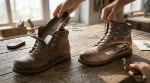 Simple diagram showing how to insert rechargeable heated insoles into shoes.