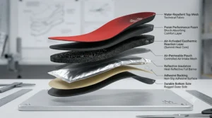 Diagram showing the air-activated layers of disposable heated insoles for skiing.