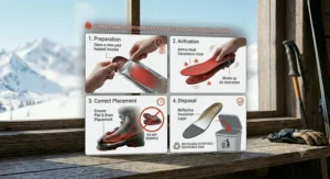 Infographic of safety tips for using disposable heated insoles for skiing.