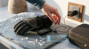 A person unplugs a battery from a heated glove next to a label about maintenance charging for storage.
