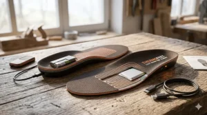 Close-up of rechargeable heated insoles showing battery and heating elements.