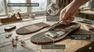 Visual guide on how to trim rechargeable heated insoles for a perfect fit.